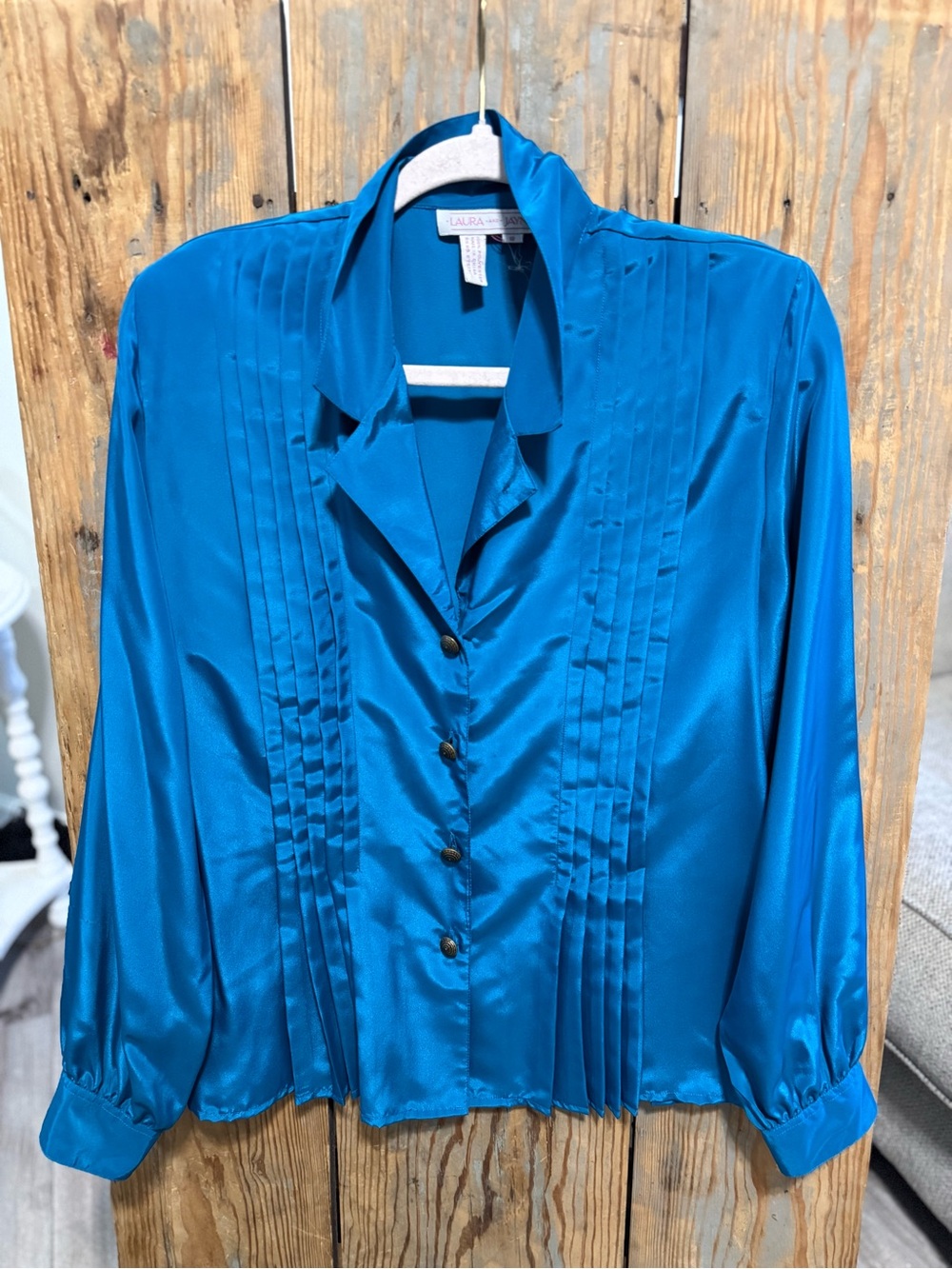 Vintage Teal Satin Button-Front Blouse